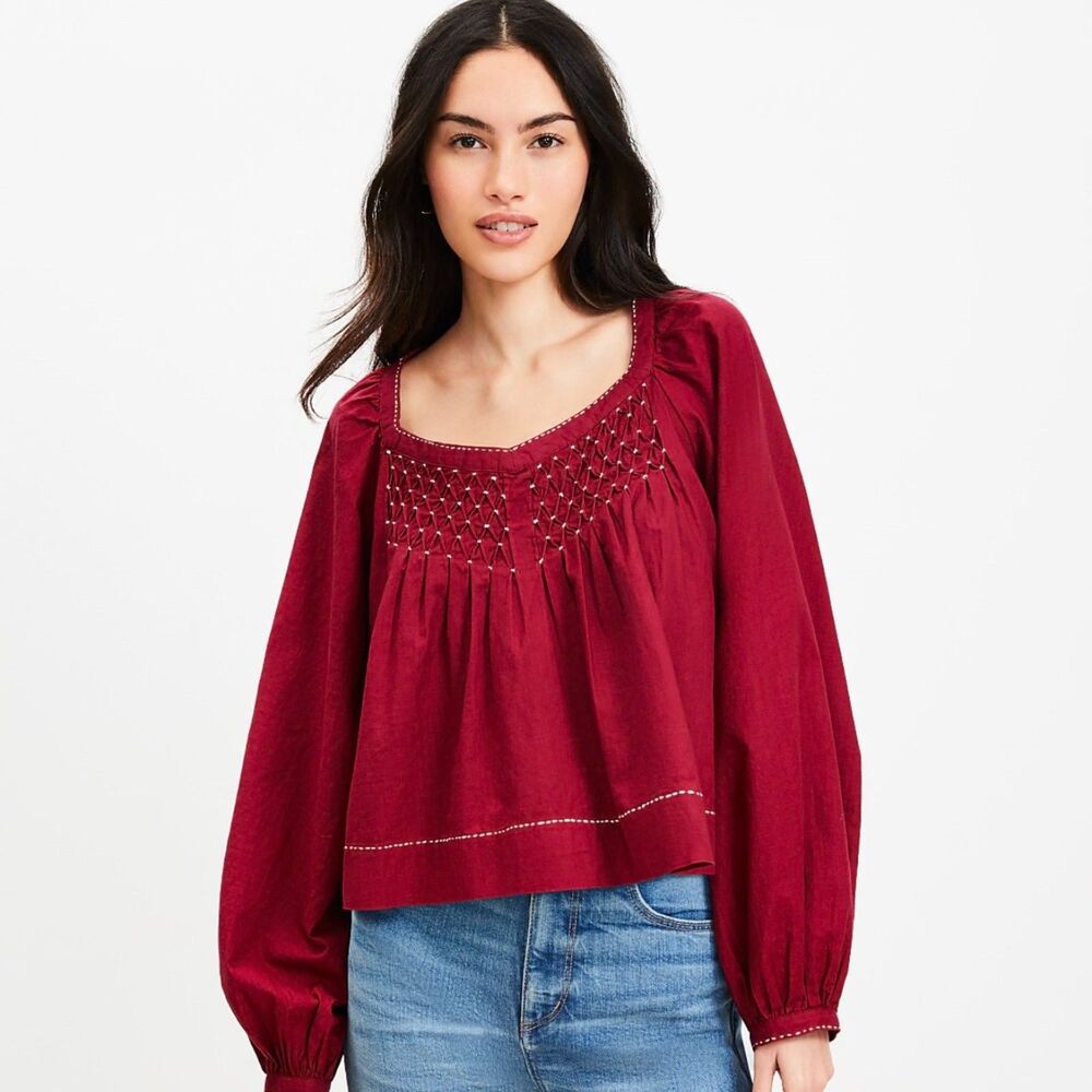 LOFT Petite XL Red Smocked Peasant Blouse Boho Cotton Long Sleeve NWT Sz XLP